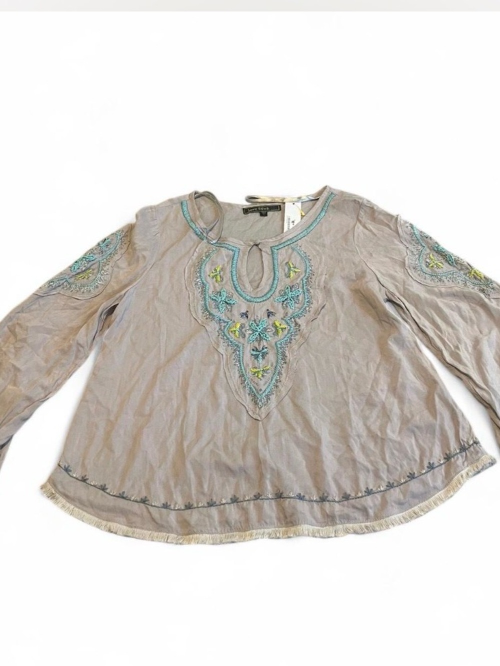 Love Stitch Taupe Embroidered Tunic with Teal & Yellow‎ Accents